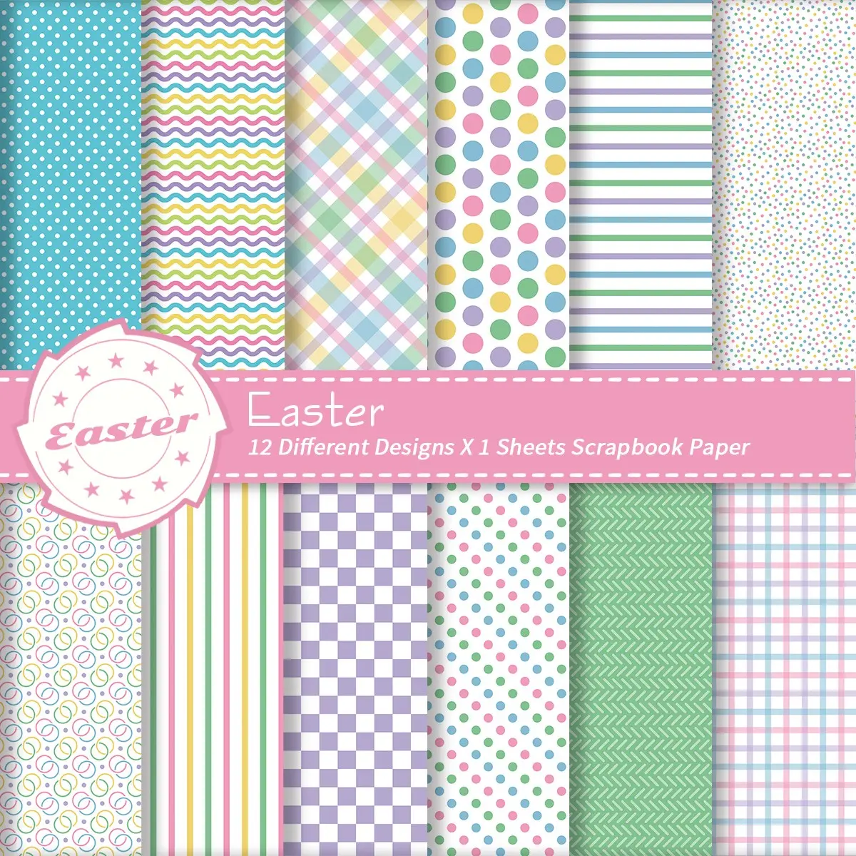 12pcs Pastel Easter Themed Scrapbook Paper - Different Designs, Plaid, Lines, Dot & Patterns Design, Decorative Craft Paper for Crafting, DIY Crafts, Journaling, Origami, Card Making & Party Decorations, Scrapbooking Supplies