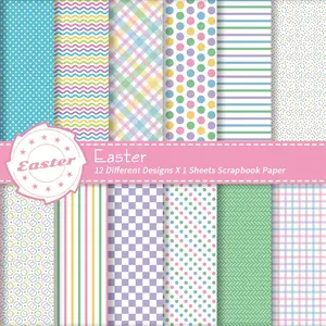 12pcs Pastel Easter Themed Scrapbook Paper - Plaid, Lines, Dot & Patterns Design, Decorative Craft Paper for Crafting, DIY, Journaling, Origami, Card Making & Party Decorations, Scrapbooking Supplies