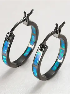 Vintage Boho Female Synthetic Opal Earrings, Blue White, Round Big Hoop, Copper, for Women, Wedding, Bride, Daily Party