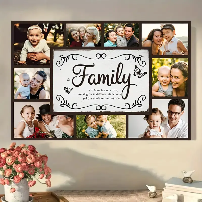 1pc Personalized 2D Flat Framed Canvas Photo Collage Print - Custom Wooden Wrapped Frame Wall Decor with Your Photos & Text, Home Bedroom Art for Father's Day, Christmas, Carnival