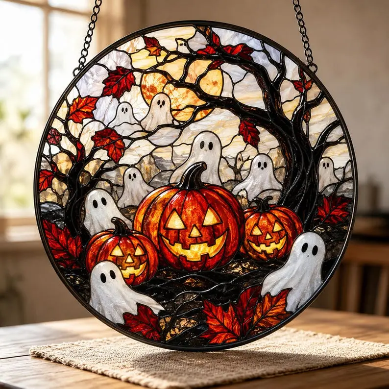 Pumpkin Ghost Stained Glass Suncatcher, Halloween Window Decoration, Gothic Fall Decor, Halloween Gift