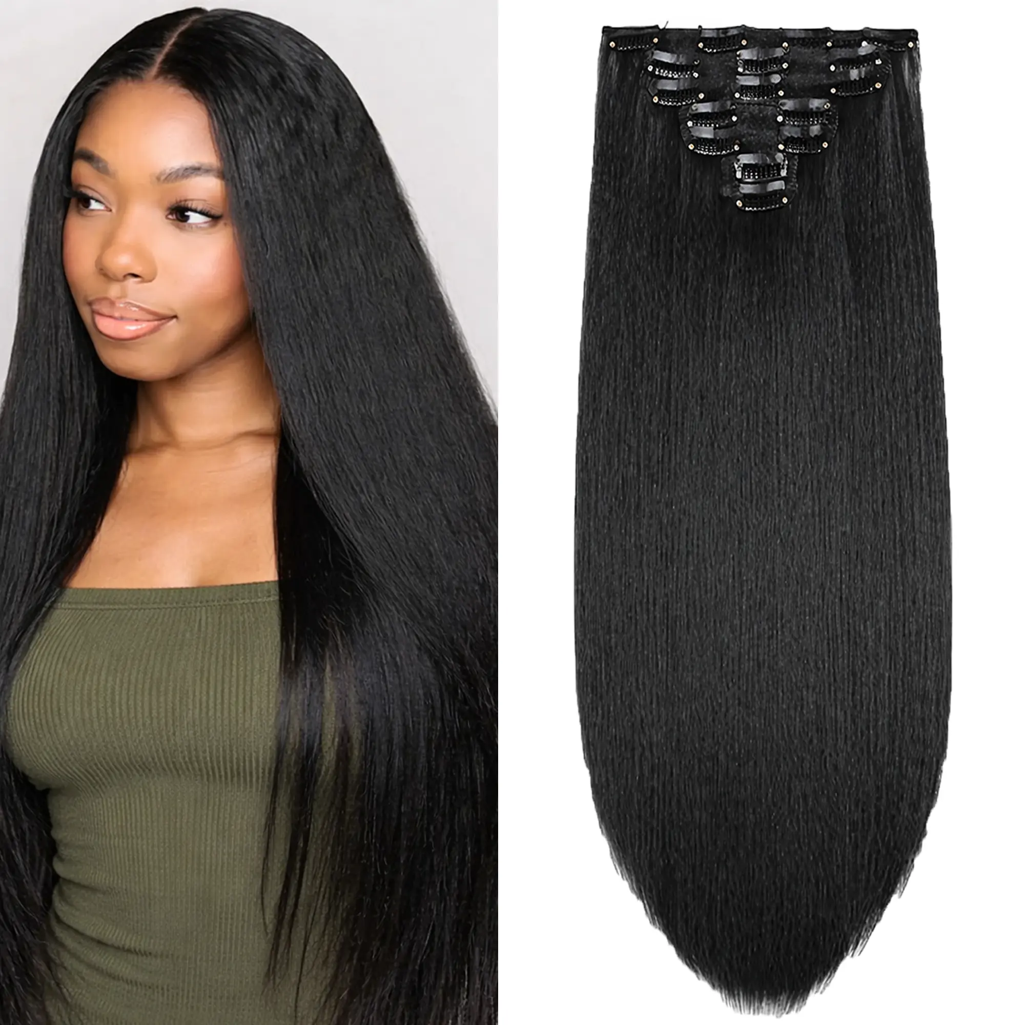 Fable Beauty Shop Hair Extensions Clip In, 26 Inch Yaki Kinky Straight Texture for a Seamless Blend, Heat Resistant Synthetic Pieces for Black Women, 7-Piece 150g Set, Clip On Hairpieces, Yaki Straight, Synthetic Extensions & Pieces