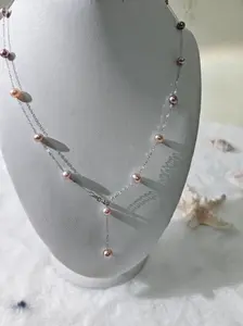 Freshwater pink and purple pearls stary night necklace  in silver color（J1016）