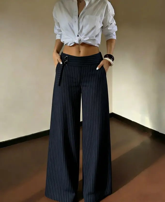 Elegant Pinstripe Wide Leg Trousers for Women - Comfortable & Stylish Design - Perfect for Casual & Office Wear