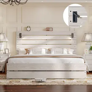 AMERLIFE Farmhouse Platform Bed Frame with 51”Tall Headboard, LED Reading Lights, Rustic Wood Look, No Box Spring Needed, Sturdy Construction