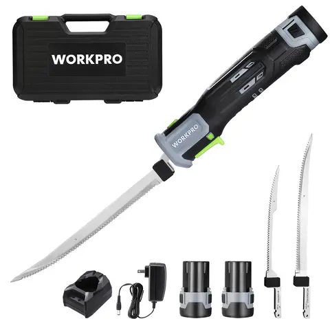 #toolupgrade WORKPRO 12V Cordless Electric Fillet Knife with 8"& 10"Razor-Sharp Blades, Cordless Fillet Knife with Non-slip Grip Handle and Safety Lock, 2 Rechargeable Battery Packs, 1 Quick Battery Charger, and 1 Storage Carry Case for Fishing
