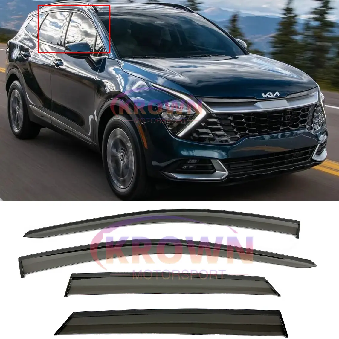 FITS 2023-2026 KIA SPORTAGE SMOKE TINTED LOW PROFILE WINDOW VISOR W/ BLACK TRIM RAIN GUARD