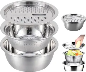 3-In-1 Stainless Steel Multi-Functional Strainer Set, Includes Basin/sieve/cutter, Ideal for Washing Rice Fruits Vegetables Kitchen Essentials