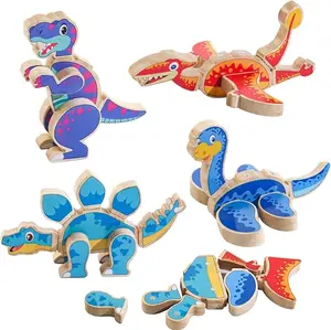 OMKI Magnetic Dinosaur Building Blocks, Wooden Dino Snap Blocks, STEM Take Apart Dinosaurs Playset, Montessori Fine Motor Skills Educational Learning Toy, Preschool Gift for 3 4 5 6 Years Kids