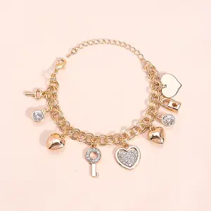 Gold Chain Link Bracelet | 14K Gold Plated Love Locked Bracelets for Women | Crystal+Love+Heart+Key+Lock Charm Bracelet