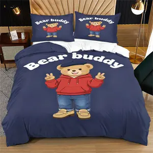 Bear Buddy Preppy Duvet Cover Set, 1 Duvet Cover with 1/2 Pillowcases, Cute Casual Teddy Bear Bedding for Boys, Teens & Bedroom Decor