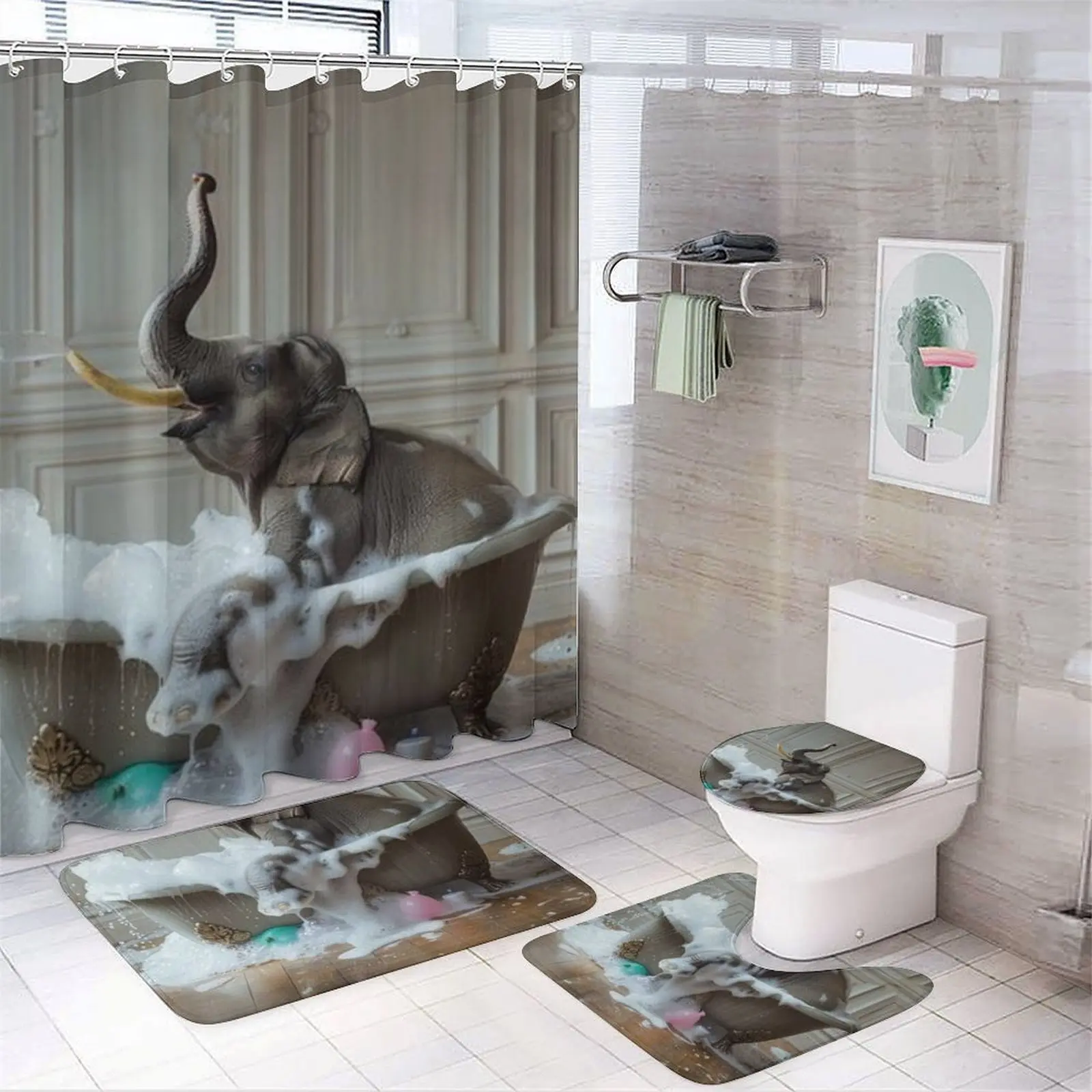 Funny Elephant in Bathtub Shower Curtain Sets with Rugs - 4 PCS Bathroom Restroom Decorations - Cute Animal Bubble Bath Bathroom Accessories with Non-Slip Flannel Bath Mat & Toilet Lid Cover