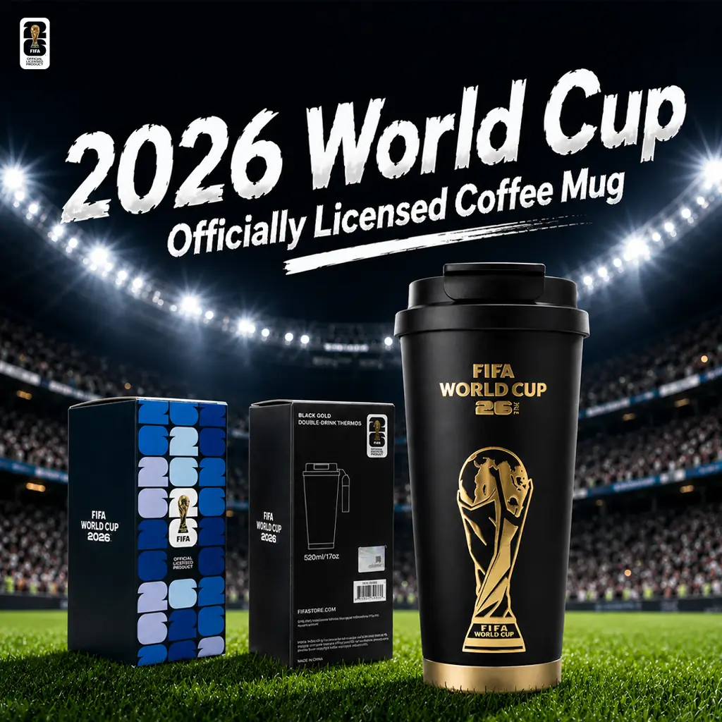 [FIFA World Cup 2026] Officially licensed black-and-gold soccer-themed insulated mug with a leak-proof lid and straw; large-capacity double-walled vacuum-insulated mug; coffee mug; the perfect choice for Father’s Day, travel, and gift-giving