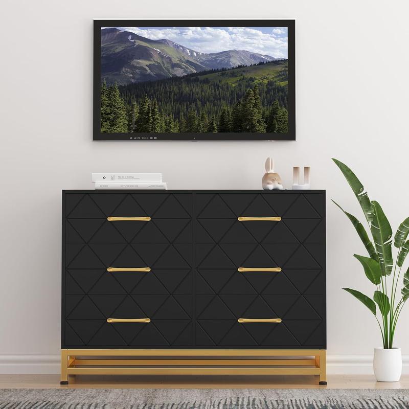 Black Dresser for Bedroom with 6 Drawers, Wood Chest of Drawers, TV Stand, Morden Dresser for Closet, Living Room, Hallway, Nursery