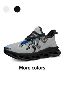 1 Pair Kids' Style Breathable & Lightweight Mecha Gray Sneakers, Casual Low Top, Super Comfortable Soft Elastic Thick Sole, Children's Day Gift, for Daily School & Outings, Cartoon Building Block Mechanical Dinosaur Print, Cool Tech Style, Dinosaur Shoes