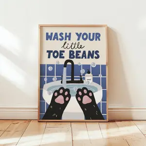 [SALE UP TO 30%] Wash Your Little Toe Beans Print Cute Cat Bathroom Decor Cat Lover Gift Funny Pet Wall Art Aesthetic Bathroom Poster Unframed