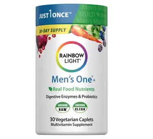 Rainbow Light Mens Multivitamin One + | 30 Caplets | Real Food Nutrients, Digestive Enzymes & Probiotics