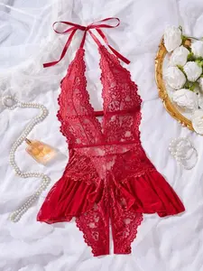 Women's Classic Sexy Lingerie Christmas, Lace Trim Design, Wing Effect Dress, Single Piece for Romantic Night, Wedding Atmosphere, Valentine's Gift, Lace Lingerie Bodysuit