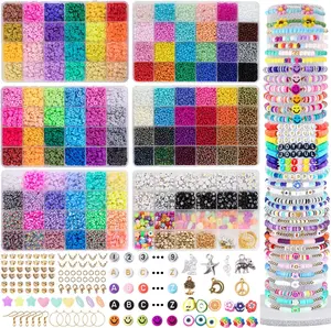 TINY FUN 6 Boxes 16800pcs 72 Colors Clay & 48 Colors Glass Seed Beads Kit for Friendship Bracelets, Heishi & Letters