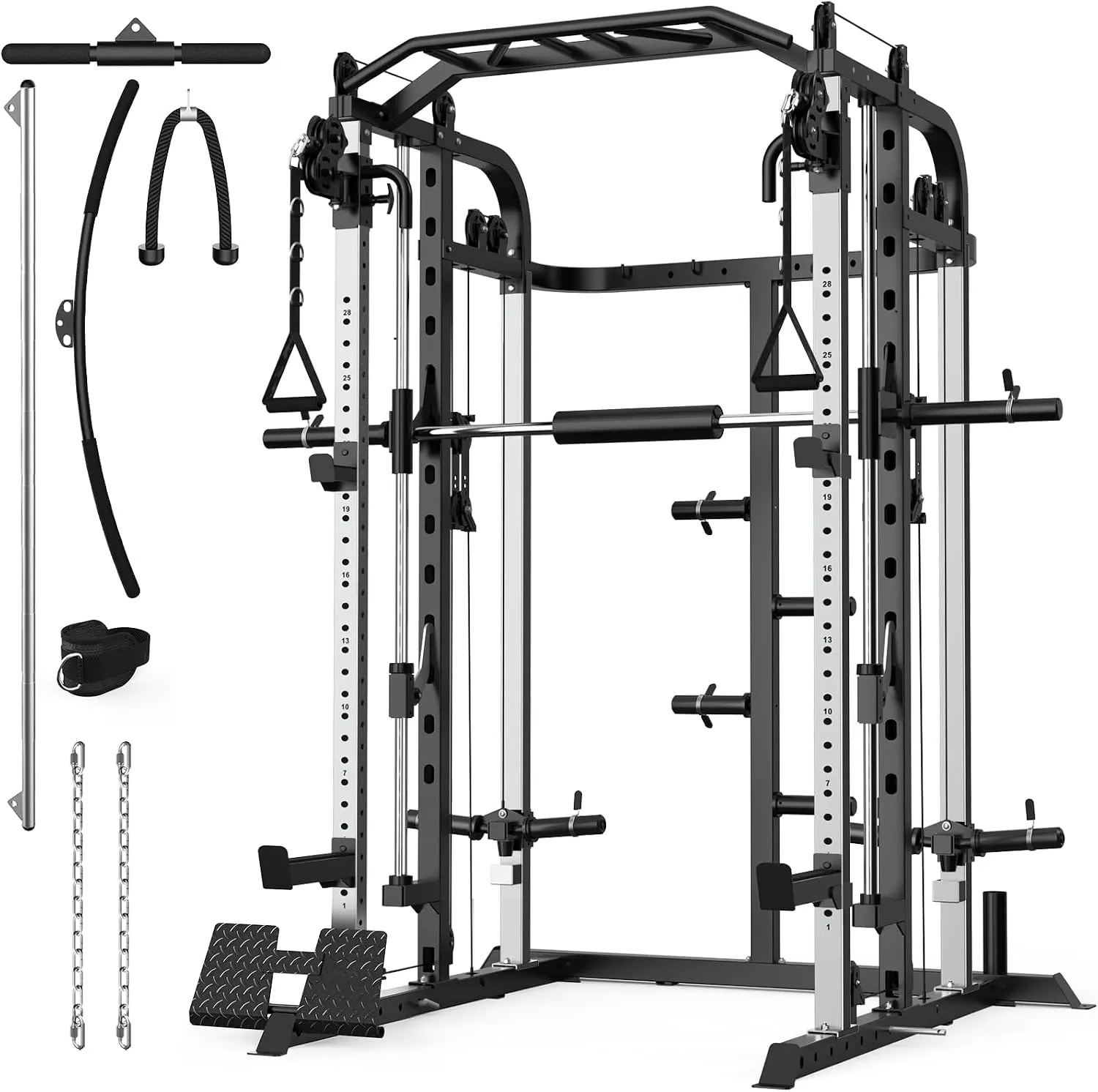 Smith Machine, Multifunctional Power Cage Rack with Smith Bar and Cable Pulley System, and LAT Pull Down Machine for Home Gym…