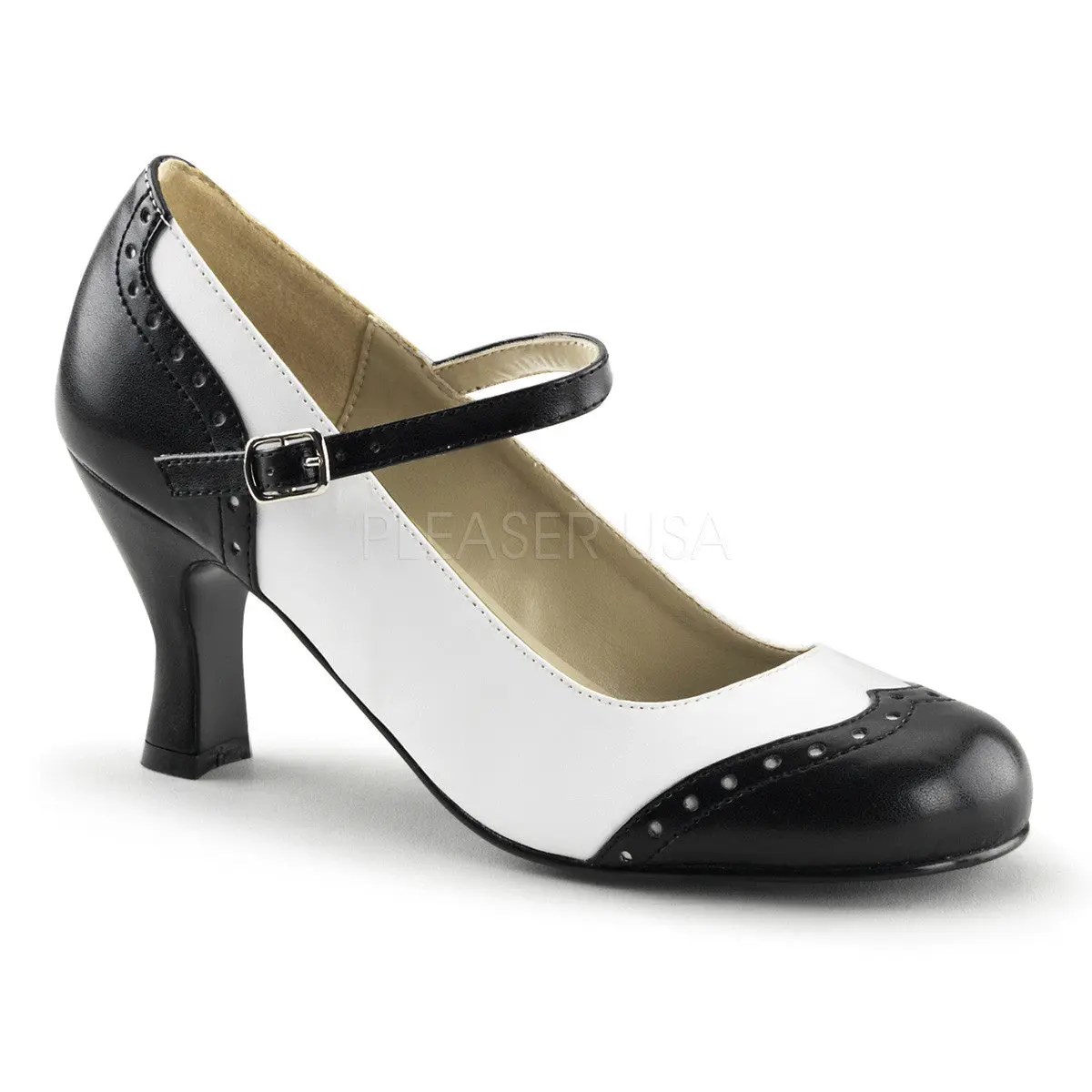 Women's Chic Black and White Spectator Mary Jane Pumps, Faux-Leather Closed Round Toe with a 3" Kitten Heel