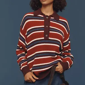 Women Striped Rugby Sweater Y2k Long Sleeve Oversized Polo Sweatshirt Vintage Aesthetic Collared Pullover Sweaters