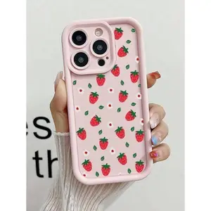 Apple Cute 1pc Strawberry & Ditsy Floral Pattern Pink TPU Shockproof Mobile Phone Case Compatible With IPhone