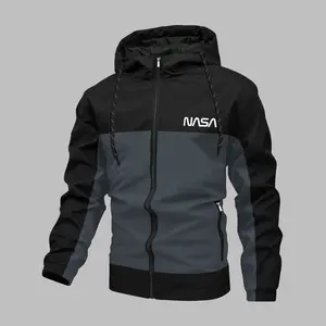 Men's Black Gray Color Block Hooded Jacket with NASA Print Casual Cozy Trendy Cool Style Perfect for Work, Streetwear, and Standing Out fall top