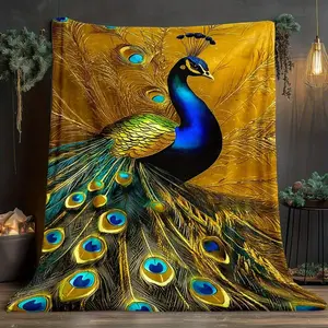 Luxurious Golden Peacock Patterned Plush Blanket - Vibrant Colorful Cozy Home Decor Throw
