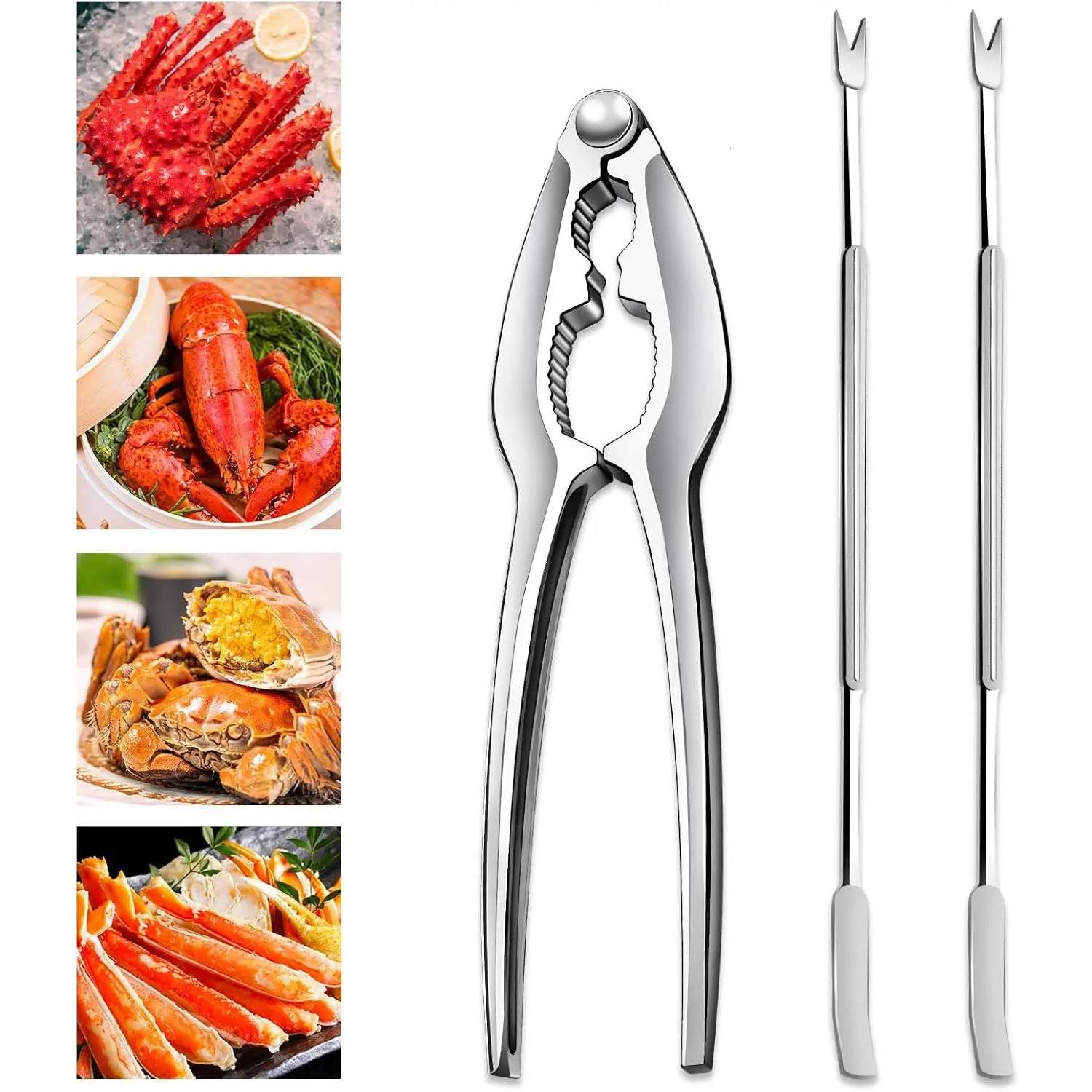 3-Piece Lobster Claw and Pincer Set, Stainless Steel Crab Leg Tool, Includes 1 Lobster Claw and 2 Forks, Heavy Duty Shellfish Nutcracker Set, Seafood Tool for King Crab Legs and Shellfish Pincers