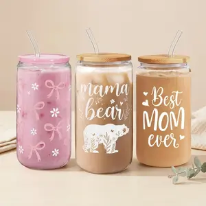SANDJEST 16oz Glass Cup with Straw & Lid, Reusable Iced Coffee Drinking Can Shaped Cups, Drinkware Home Office Spring Mother's Day Gift for Women