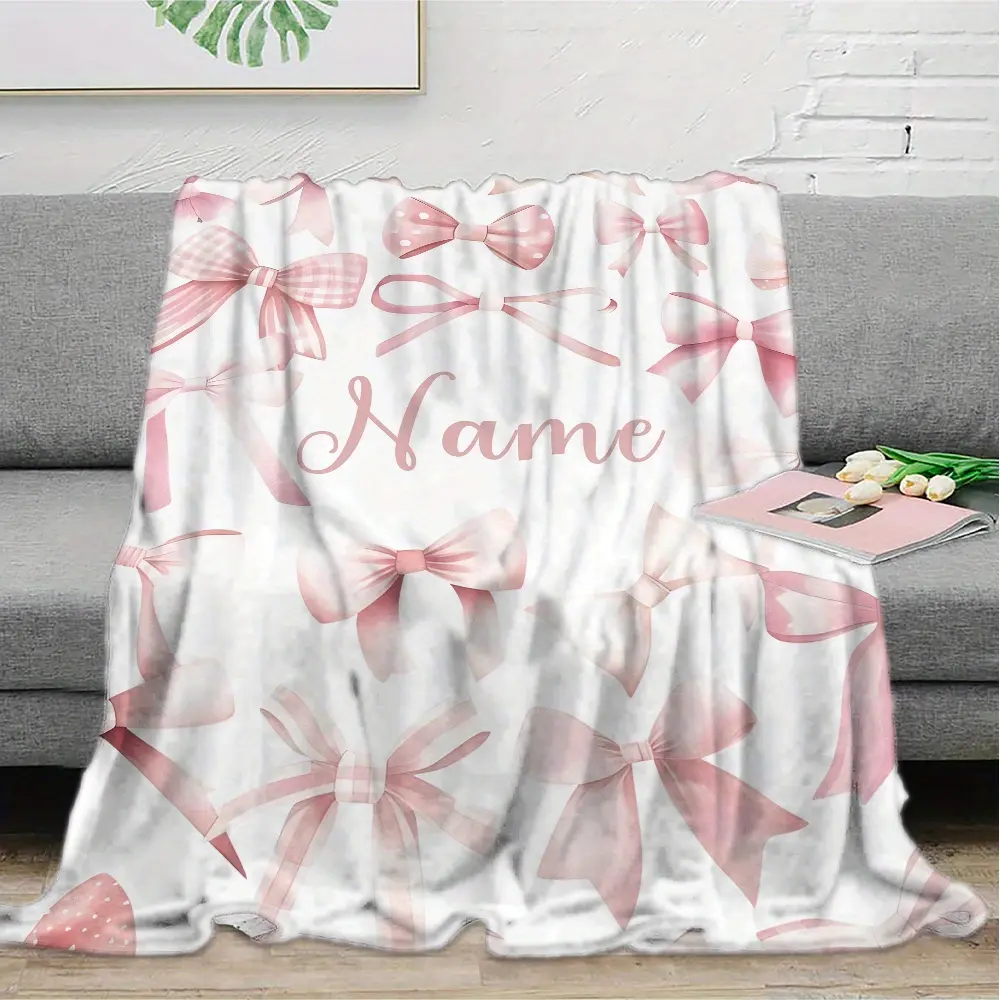 Customized Name Bowknot Flannel Fleece Blanket - Soft Warm Personalized Throw, Valentine’s Gift Memory-Keepsake, for Women, Armchair, Multi-Size (50X76cm(20×30Inch), 80×120Cm(32×48Inch), 130×150Cm(50×60Inch))