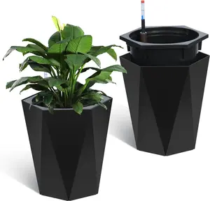 GAOMON 16 Inch Self-Watering Planters, Set of 2 with Water Gauge & Wheels, Smart Gardening System, Visual Water Monitor, Indoor/Outdoor Moving Flower Pots for Porch, Living Room & Office (Black)