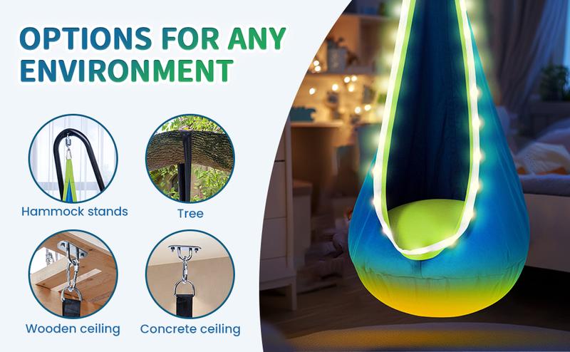 Christmas Gift for 3+Years Old Pod Swing with LED Lights & Inflatable Pillow Hanging Hammock Swing for Indoor & Outdoor Sensory Chair for Ages 8-13