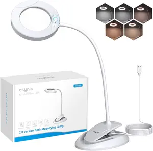 eSynic Upgrade Magnifying Glass with Light and Stand-5X & 10X Large Lens-40 LEDs & 5 Color Temperatures (3000K-6500K)-USB Powered Desk Magnifier Lamp Base/Clamp-Flexible Gooseneck for Reading/Crafts