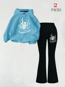 Women's Floral Skull Graphic Warm Long Sleeve Sweatshirt + Slim Fit Comfortable Flare Pants Set, Womenswear, Casual Fall Winter, Kangaroo Pocket Design