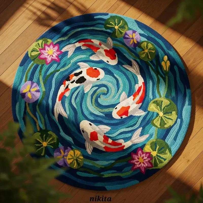 New Oriental Koi Fish Round Carpet, Artistic Home Decor Floral Area Rug, Multi-Size Floor Mat for Living Room Bedroom Dining Room, Holiday Gift Choice, Home Decorative Rug