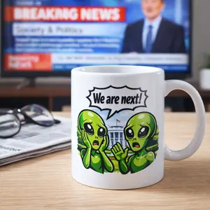We Are Next Alien Ceramic Coffee Mug - Funny, Cartoon Graphic, Character Design, Bold Text Kitchen Drinkware Mug, Cartoon Graphic Mugs, Character Design Mugs