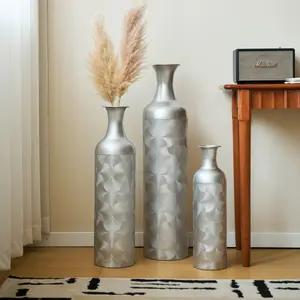 Silver Metal Vases, Set of 3 Modern Floor Vases with Wave Pattern for Home Decor, Tall Cylinder Flower Vases for Living Room Office (32.68, 25.98, 19.69 Inch)