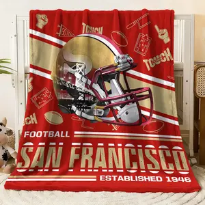 San Francisco Football Flannel Blanket, Vintage Helmet & Football - Related Elements Printed Soft Fleece Throw, Warm Cozy Blanket for Bed/Couch/Sofa, Ideal Gift for Sports Enthusiasts, Red Design