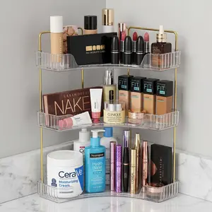 A space-saving corner desktop storage rack with three layers of transparent large-capacity cosmetic organizing shelves, suitable for cosmetics, skincare products, perfumes and kitchen accessories. bathroom counter organizer unit home organization tool