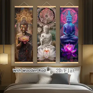 [2D-Flat]3pcs Set Exquisite Posters Canvas Wall Art Lotus Buddha Statue Wooden Scroll Hanging Painting, With Wooden Ord Art Decor HD Poster, Pattern for Living Room, Best Gift for Friends, Indoor-Outdoor Decor, Ink HD Fade-Resistant Art, Artistic