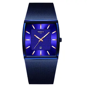 NIBOSI Men's Square Quartz Watch Minimalist Luxury Blue Dial Quartz Movement Stainless Steel Mesh Band Waterproof Wristwatch with Date Window for Business Casual and Everyday Wear with Box