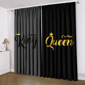Black Grey King Queen Crown Printed Rod Pocket Curtains -2-piece set of semi transparent polyester curtains suitable for bedrooms, living rooms, and offices, machine washable - contemporary fashion theme