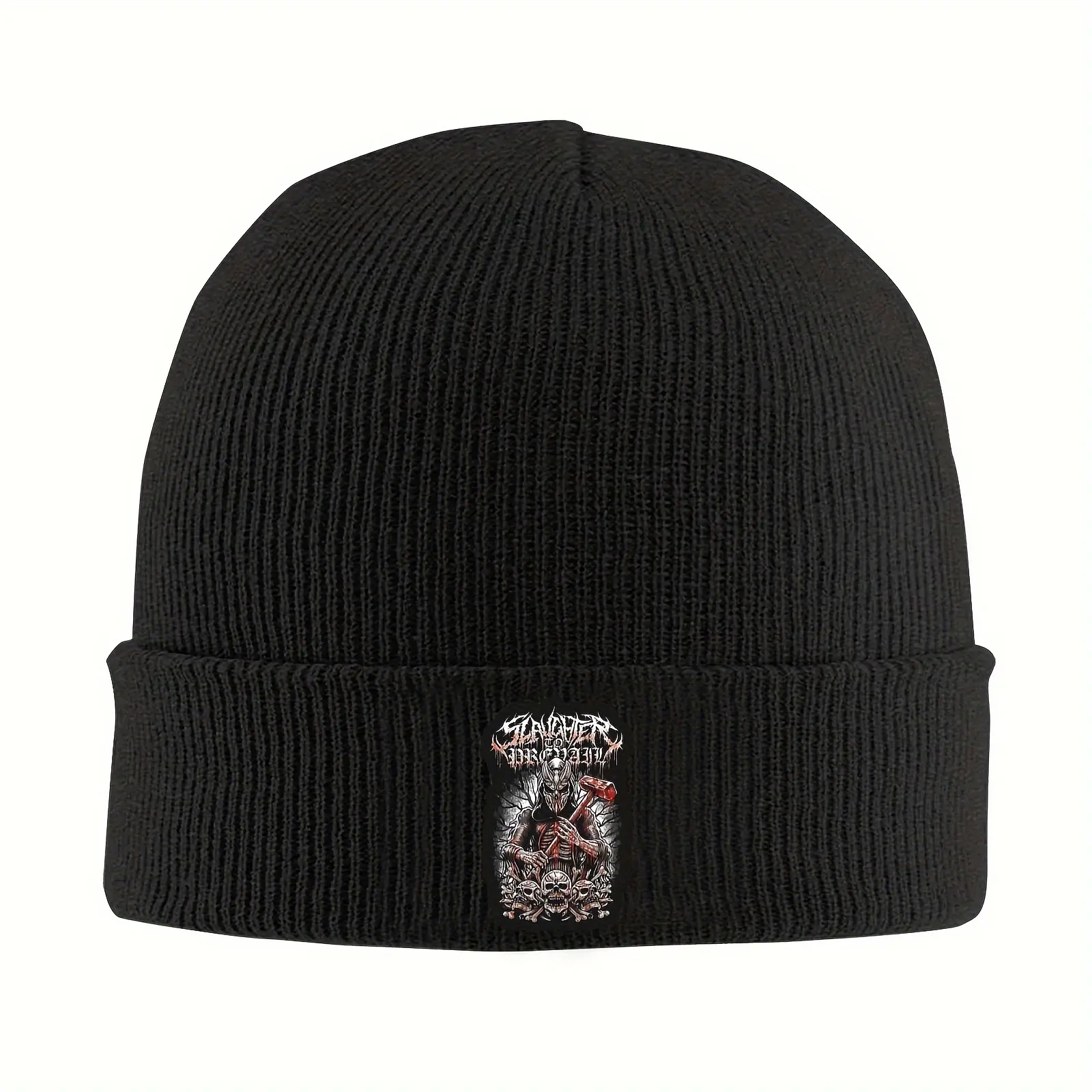 S&T 1-Piece Slaughter to Prevail Pattern Acrylic Beanie - Windproof Warm Winter Ski Beanie, Skull & Flame Design, Black Unisex Cold Weather Everyday Headgear, Casual Elastic Fitted Streetwear Hat, Beanies