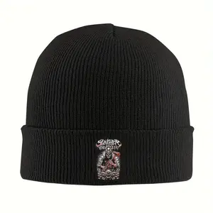 S&T 1 Piece Slaughter to Prevail Pattern Knitted Hat - Windproof and Warm Winter Ski Hat, Skull and Flame Design, Black Unisex Cold Weather Headgear, Outdoor Headwear, Urban Fashion, Fitted Style, Exclusive for Streetwear Enthusiasts