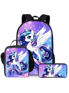 3-piece Unicorn & Pony Print Backpack Set, including backpack, lunch bag and pencil case