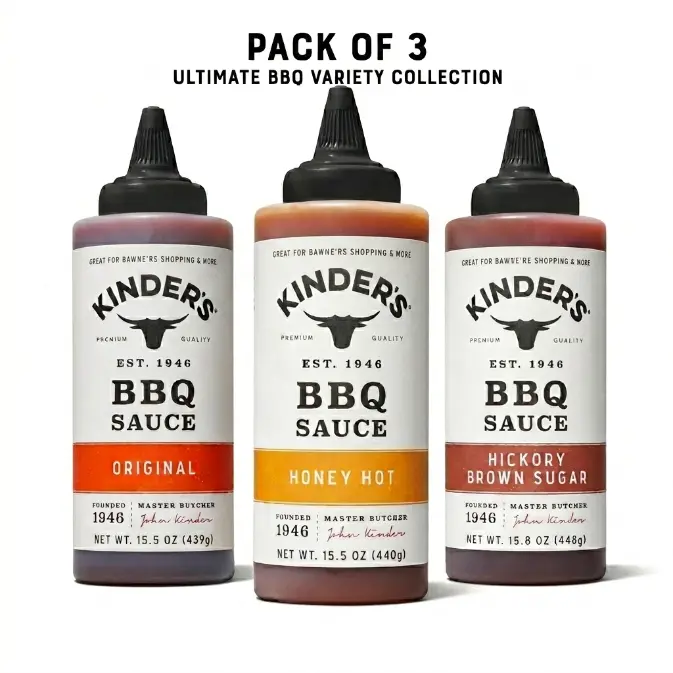 Pack of 3 Kinders BBQ Sauces, Hickory Brown Sugar 15.8 oz, Honey Hot BBQ 15.5 oz & Original BBQ 15.5 oz