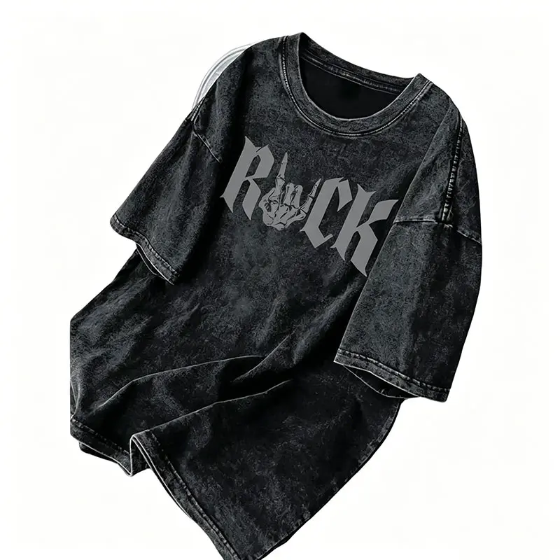 Vintage Black Short-Sleeve T-Shirt Featuring a Rock Music Print, Made from with a Hand Gesture Design, Perfect for Casual Streetwear And Concerts