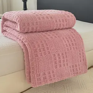 Pink Waffle Fleece Blanket, soft and cozy flannel blanket for sofa bed, warm and lightweight, suitable for all seasons